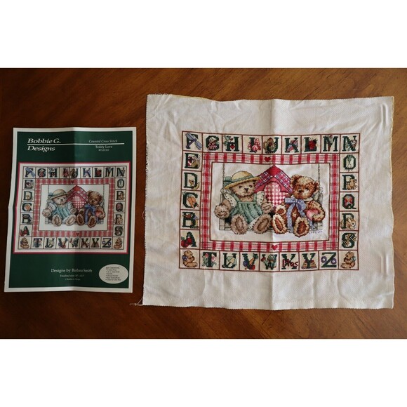 Finished Cross Stitch Bobbie G Designs Teddy Love Alphabet Blocks Completed - Picture 2 of 11